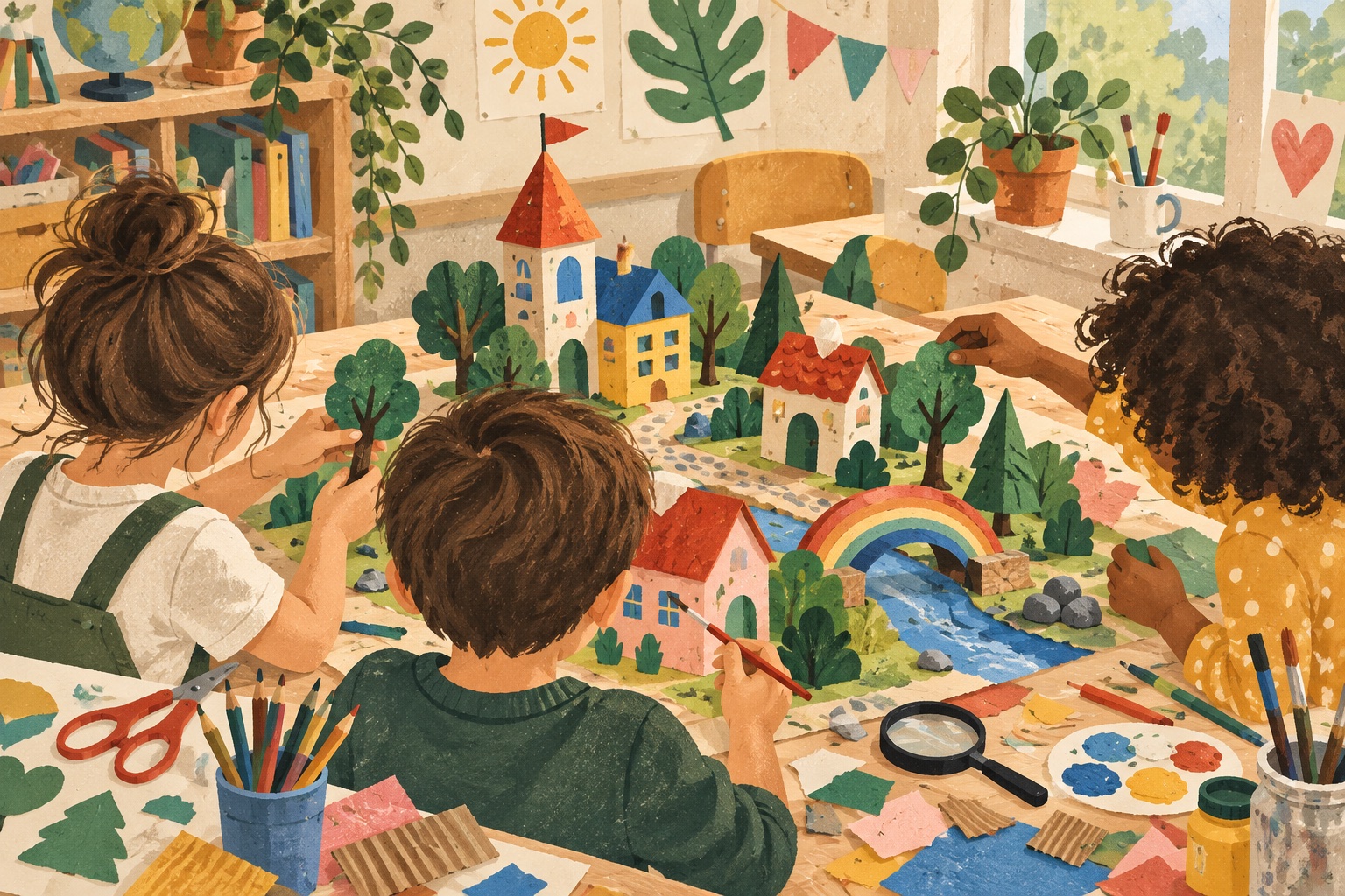 Ilustracja dzieci tworzących wspólnie kolorowe miasteczko z papieru podczas warsztatów w klasie